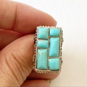 Sterling Silver Turquoise Raised Ring Ornate Sz 5